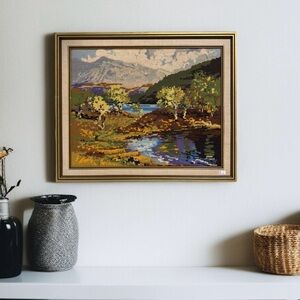 Vintage Landscape Scene Framed Needlepoint